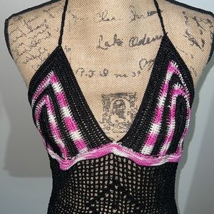 Pink & Black Crochet Knitted Halted Top medium